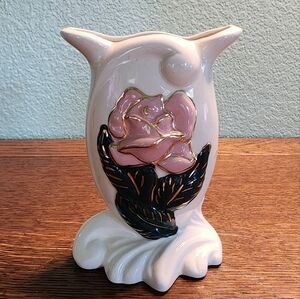 Vintage Pink Floral Ceramic Wall Pocket Vase with Gold Trim  